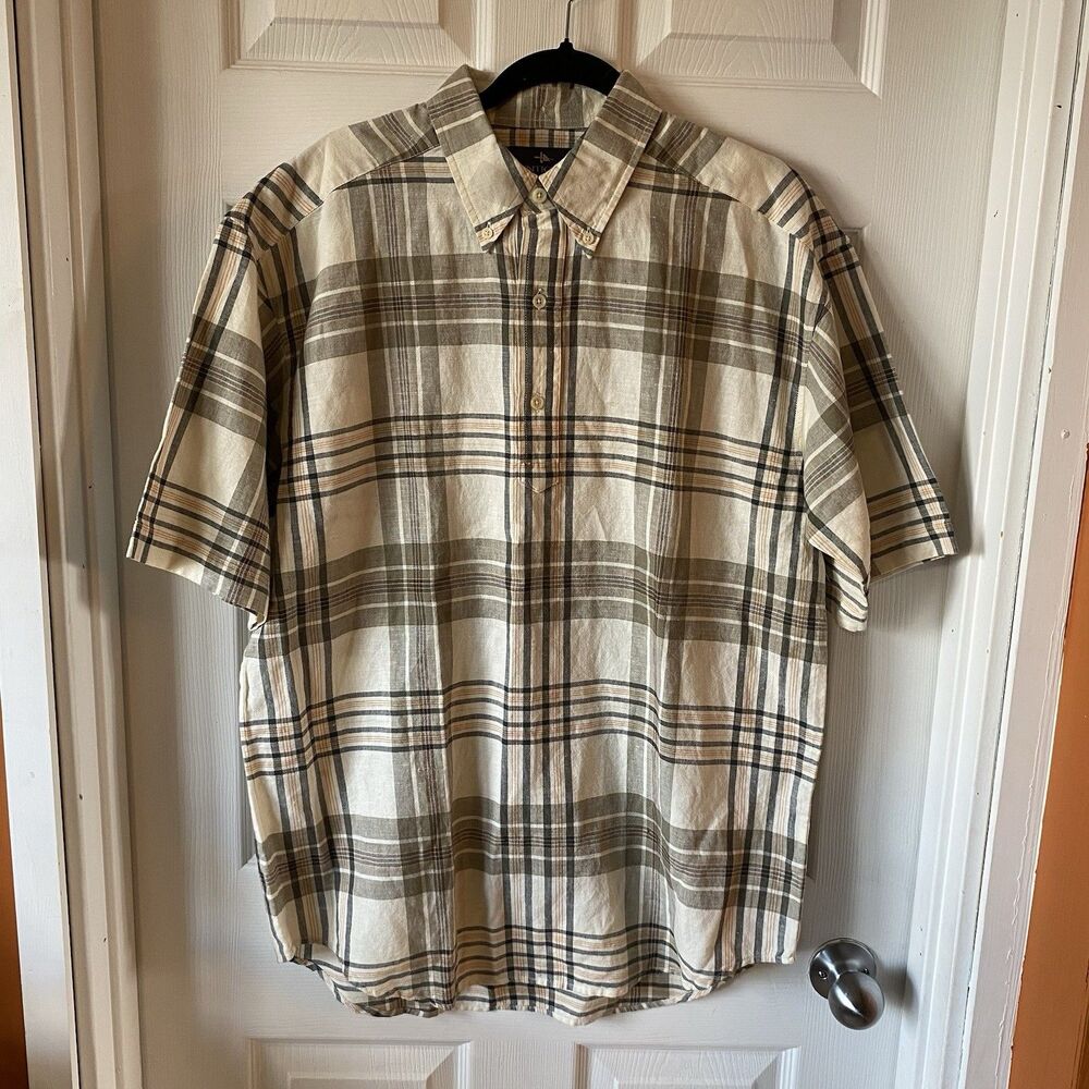 Antigua Men’s Medium Casual Button Up Shirt Plaid Linen Blend NWT Short Sleeve